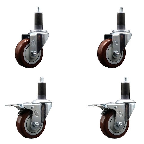 Service Caster 3.5'' Maroon Poly Swivel 1-1/4'' Expanding Stem Caster Set 2 Total Lock Brakes, 4PK SCC-EXTTL20S3514-PPUB-MRN-2-S-2-114 - main